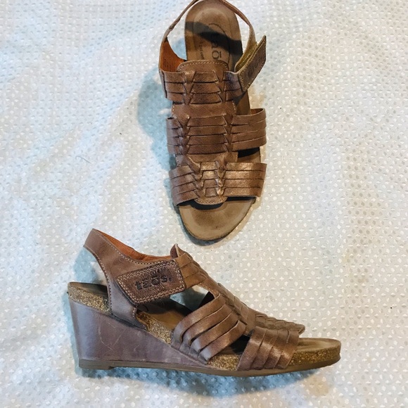 Taos Sandals Women Weave Slingback Strappy Beige Leather Wedge Heels - Picture 4 of 13